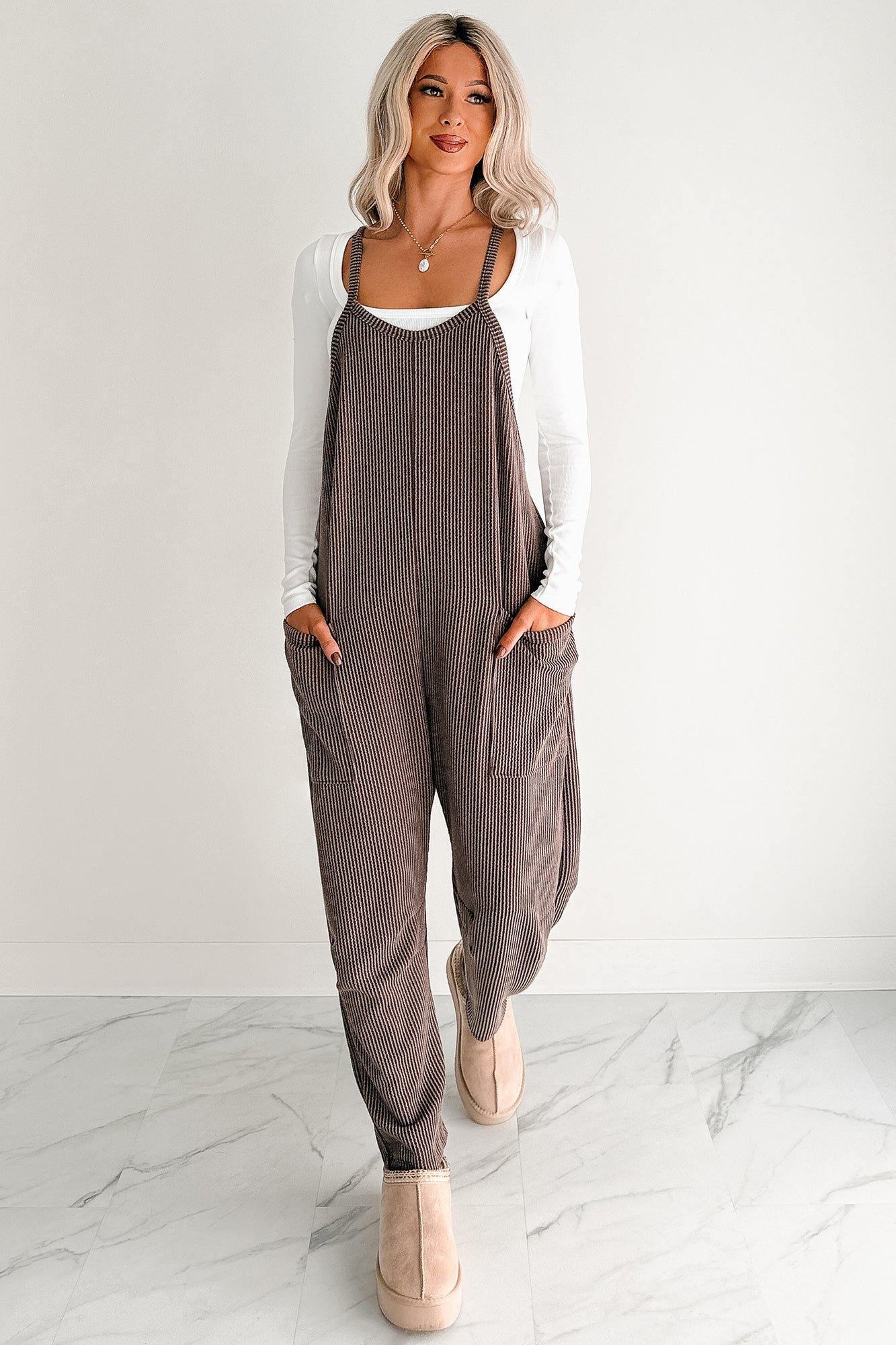 Sweet Crush Ribbed Sleeveless Jumpsuit (Brown)